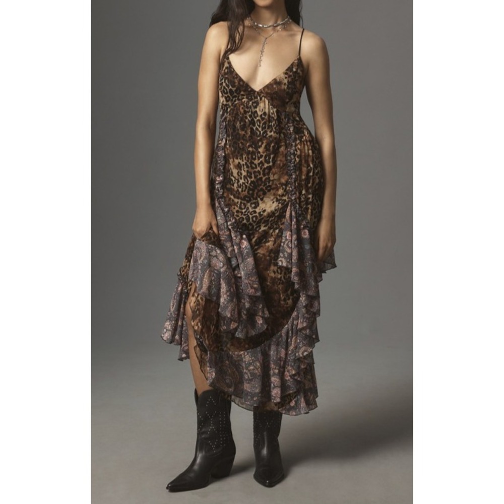 New With Defects Anthropologie Ruffled Chiffon Maxi Dress Leopard Animal Print M - Picture 6 of 16